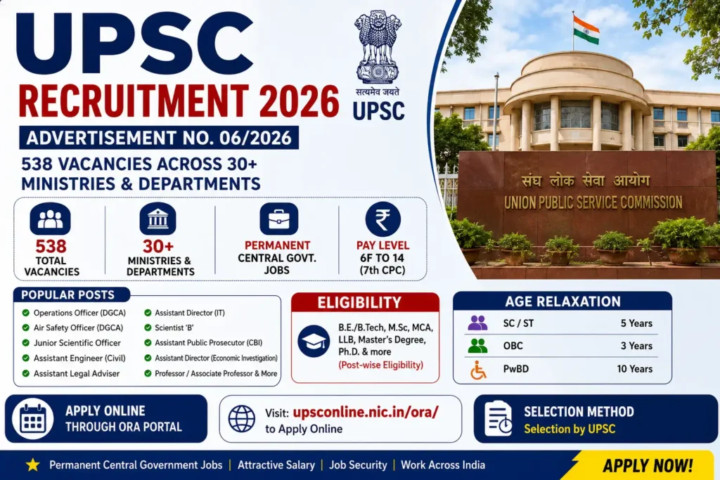 UPSC Recruitment 2026 notification for 538 vacancies across multiple ministries