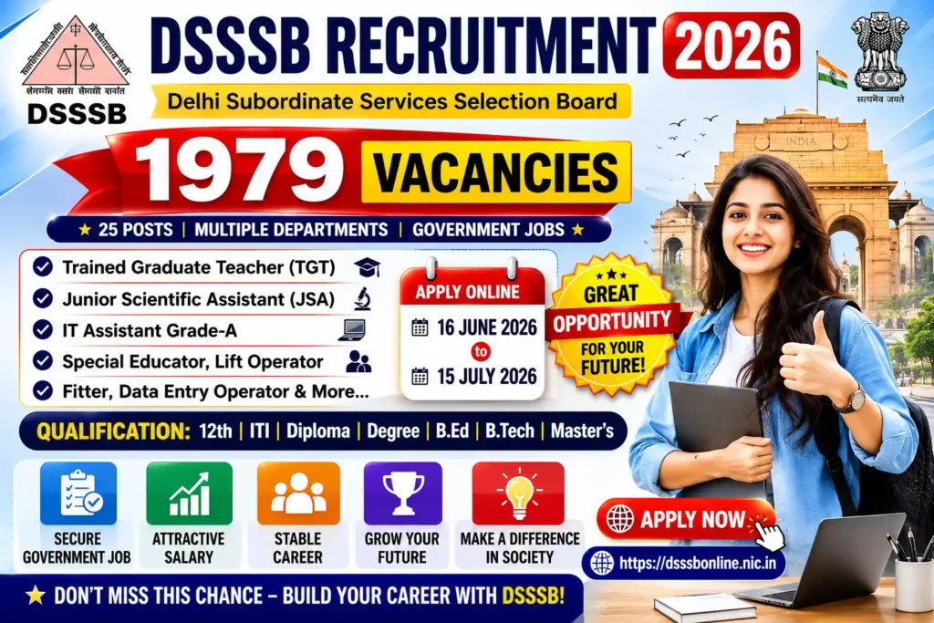 DSSSB Recruitment 2026 Notification for 1979 TGT JSA IT Assistant Special Educator Posts Apply Online Before 15 July 2026
