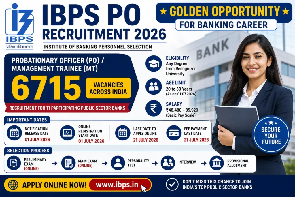 IBPS PO Recruitment 2026 Notification banner showing 6715 Probationary Officer vacancies with Any Degree eligibility, banking career opportunity and apply online before 21 July 2026
