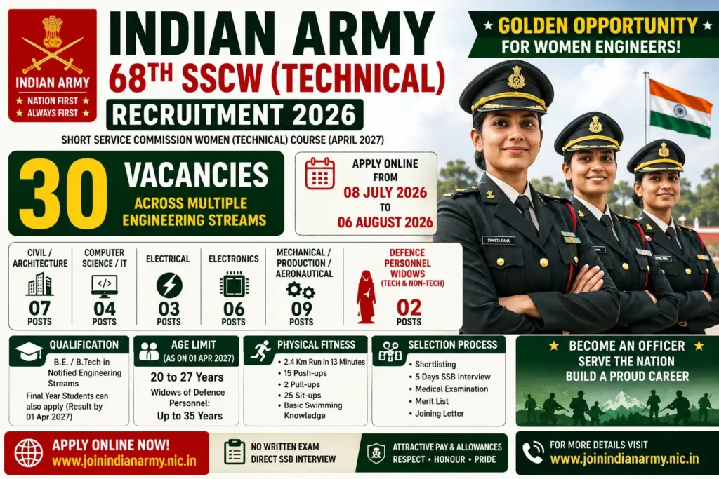 Indian Army 68th SSCW Technical Recruitment 2026 Notification banner showing women army officers with 30 vacancies, B.E/B.Tech eligibility and Apply Online details