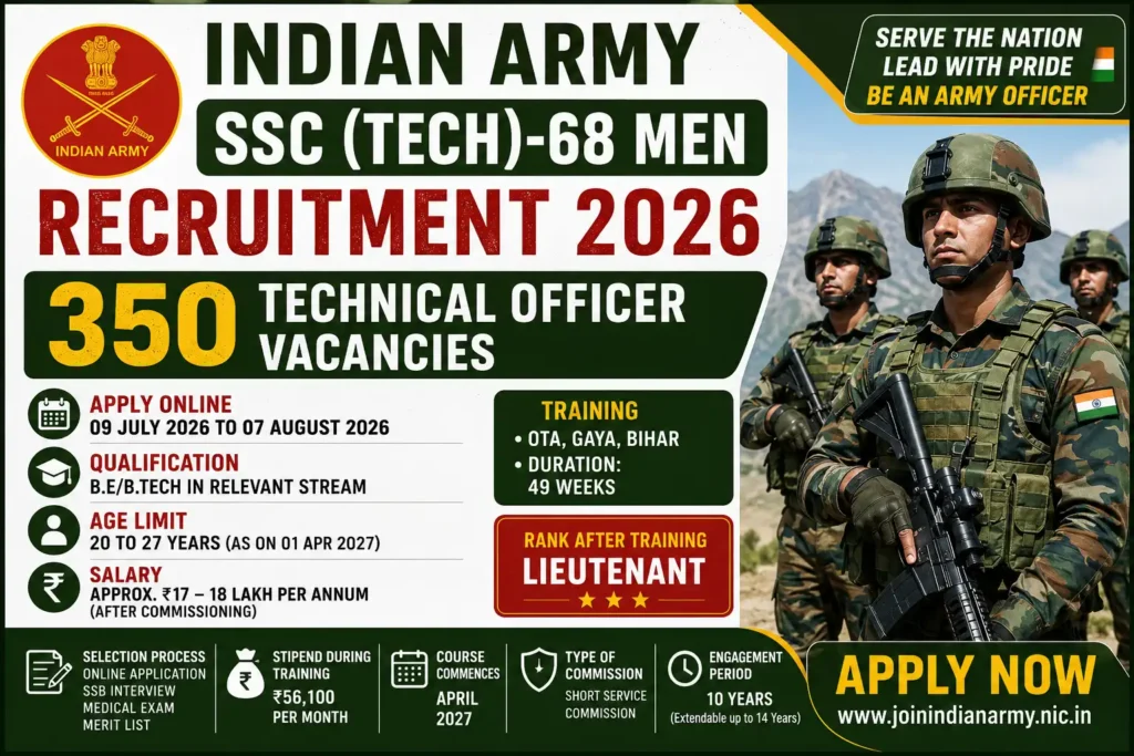 Indian Army SSC (Tech)-68 Men Recruitment 2026 Notification for 350 Technical Officer Posts