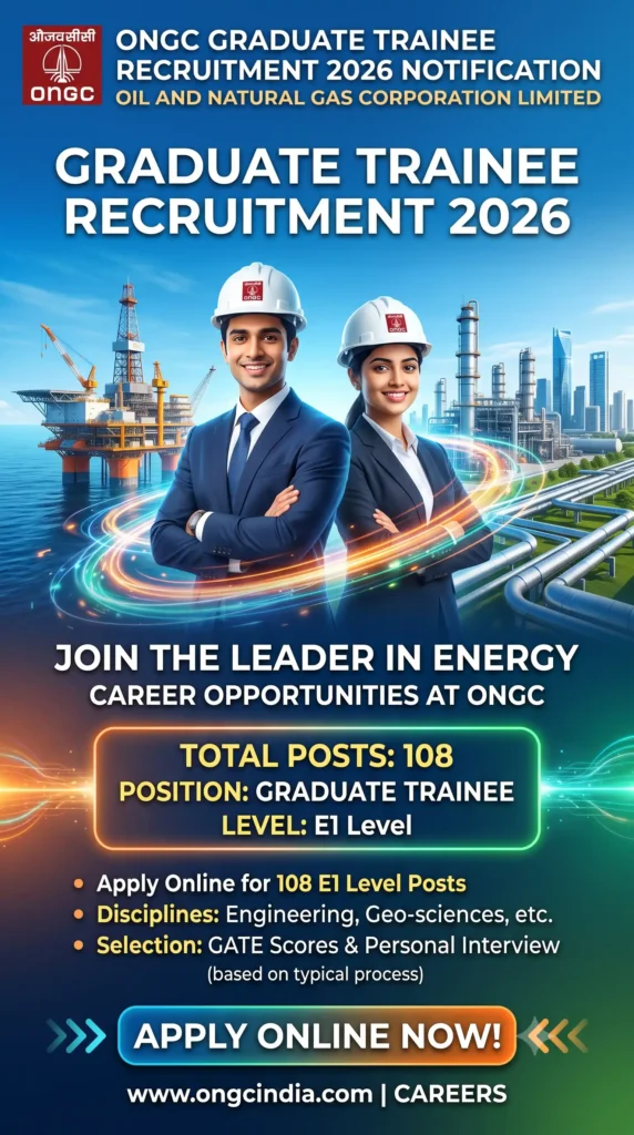 ONGC Graduate Trainee Recruitment 2026 Notification for 108 E1 Level Graduate Trainee Posts