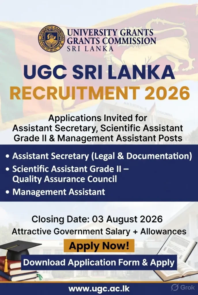 UGC Sri Lanka Recruitment 2026 Notification for Assistant Secretary Scientific Assistant Grade II Management Assistant Posts