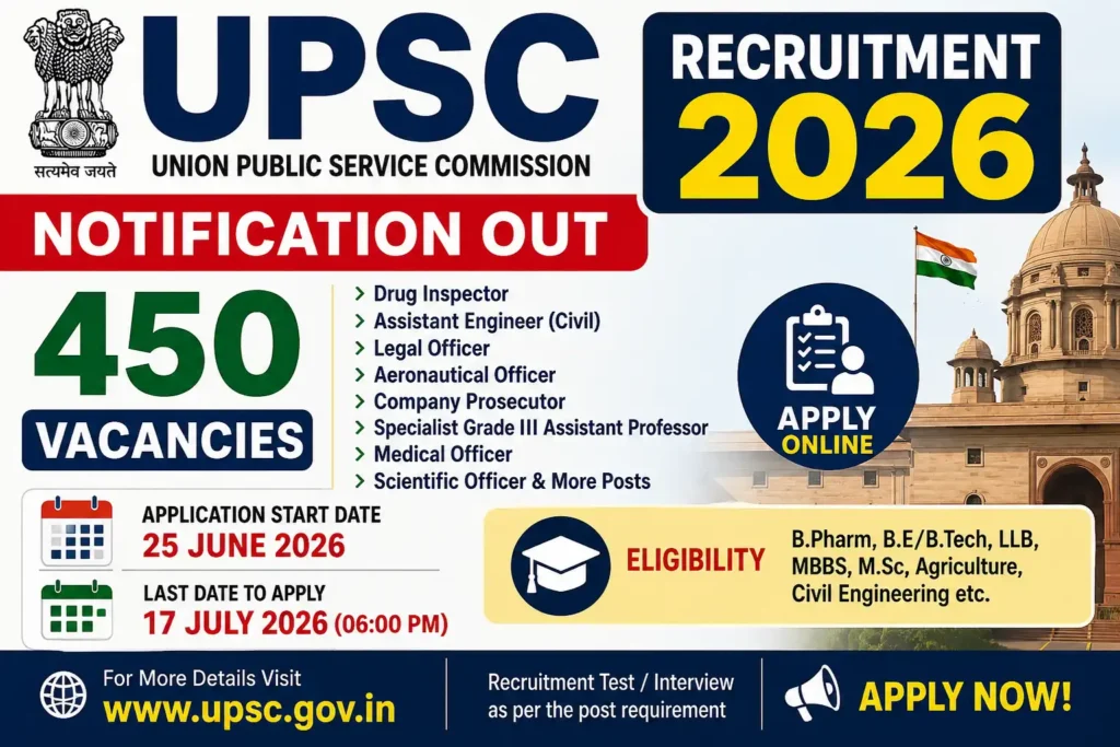 UPSC Recruitment 2026 Notification for 450 Drug Inspector Assistant Engineer and Other Posts