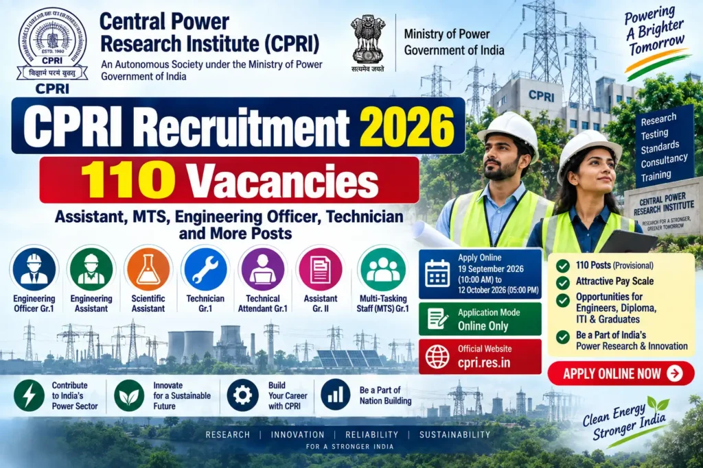CPRI Recruitment 2026 – 110 Engineering Officer Assistant Technician and MTS Government