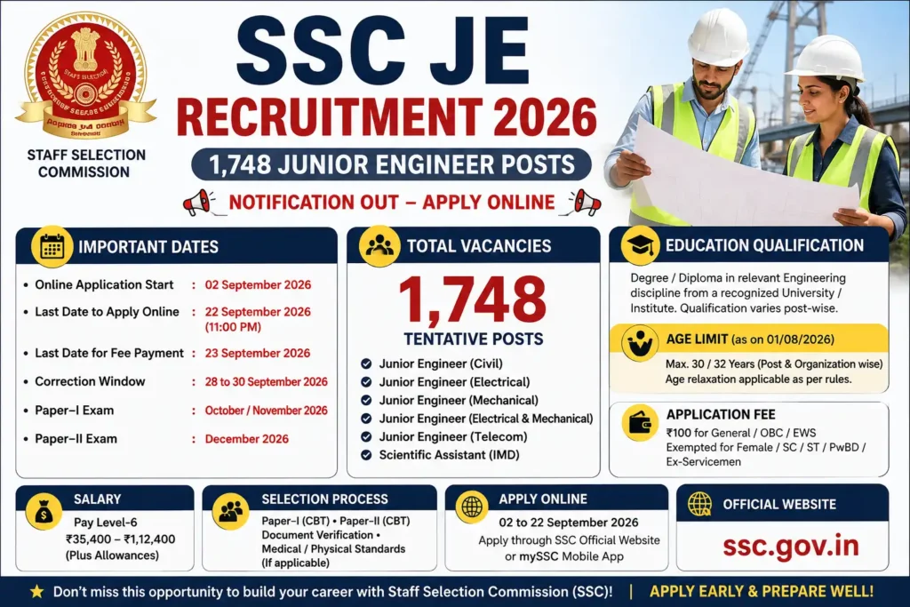 SSC JE Recruitment 2026 – 1,748 Junior Engineer Posts Apply Online