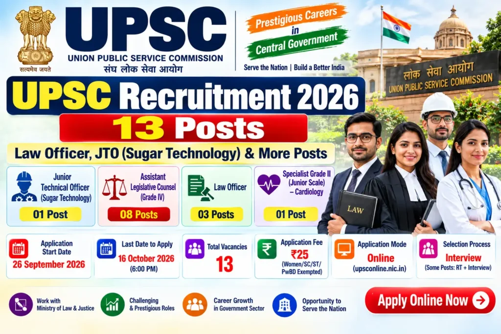 UPSC Recruitment 2026 – 13 Law Officer Junior Technical Officer and Cardiology Posts